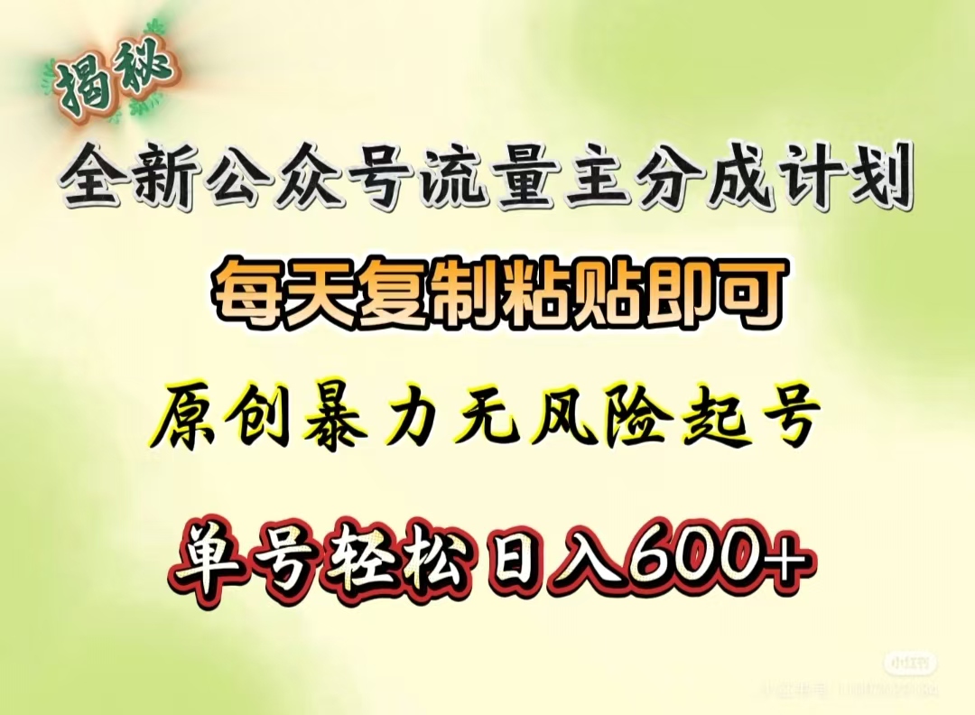 全新公众号流量主分成计划，每天复制粘贴即可，原创暴力起号无风险，单号轻松日入600+（揭秘）-知创网