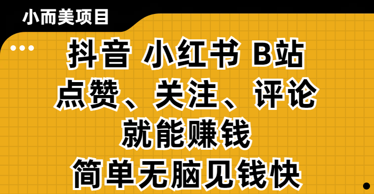 小而美的项目，抖音、小红书、B站视频点赞、关注、评论就能赚钱，简单无脑立见收益！妥妥的零撸项目-知创网