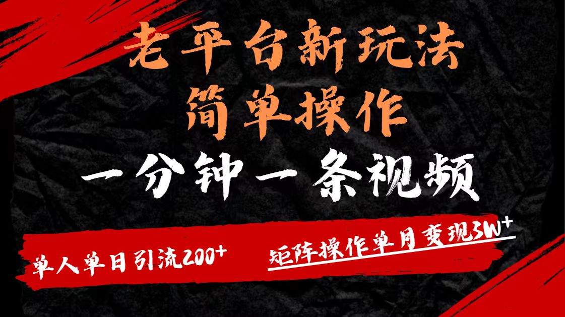 老平台，新玩法，简单操作，一分钟一条视频，单人单人引流200+矩阵操作，单月变现3W-知创网