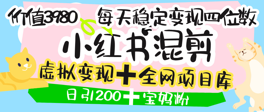 价值3980的小红书混剪， 虚拟变现 ＋全网项目库 ， 日引200+宝妈创业粉，每天稳定四位数变现-知创网