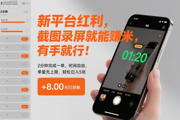 新平台红利，截图录屏就能賺米，有手就行！2分钟完成一单，时间自由，单量无上限，轻松日入5张【揭秘】-知创网