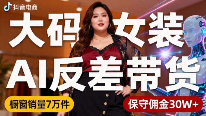 抖音小众赛道，大码女装AI反差带货，不用直播，每天6条作品，橱窗卖7万件，保守佣金30W+-知创网