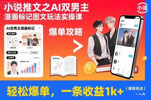 小说推文之AI双男主漫画标记图文玩法实操课，轻松爆单，一条收益1k+-知创网