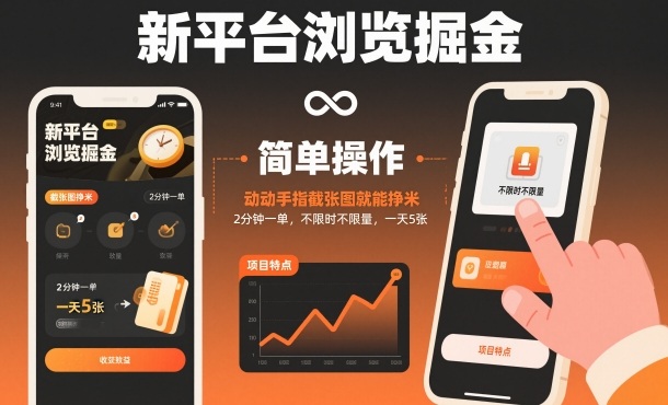新平台浏览掘金，动动手指截张图就能挣米，2分钟一单，不限时不限量，一天5张【揭秘】-知创网