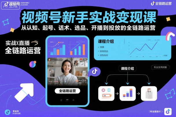 视频号新手实战变现课，从认知、起号、话术、选品、开播到投放的全链路运营-知创网