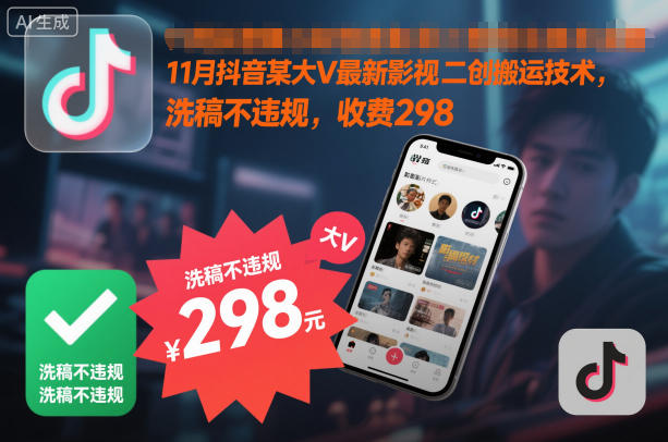 11月抖音某大V最新影视二创搬运技术，洗稿不违规，收费298-知创网
