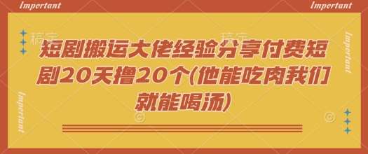 短剧搬运大佬经验分享付费短剧20天撸20个(他能吃肉我们就能喝汤)-知创网