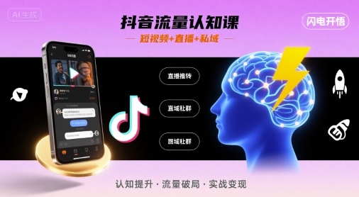 抖音流量认知课，短视频+直播+私域，认知提升，闪电开悟-知创网