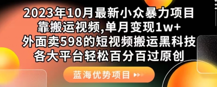 2023年10月最新小众暴力项目,靠搬运视频,单月变现1w+,外面卖598的短视频搬运黑科技,各大平台轻松百分百过原创-知创网