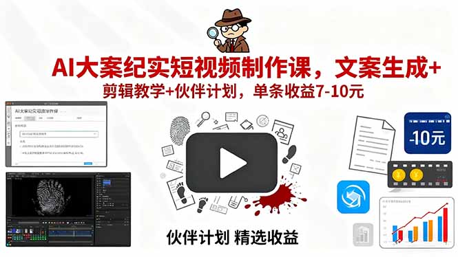 （15992期）AI大案纪实短视频制作课，文案生成+剪辑教学+伙伴计划，单条收益7-10元-知创网