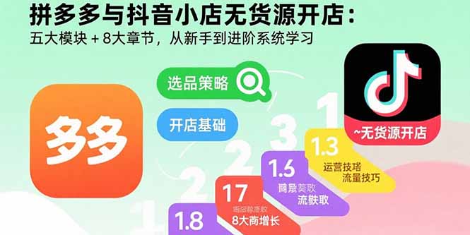 （15805期）拼多多与抖音小店无货源开店：五大模块+8大章节，从新手到进阶系统学习-知创网