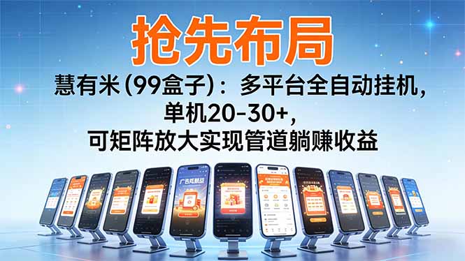 （16757期）【抢先布局】慧有米（99盒子）：多平台全自动挂机，单机20-30+，可矩阵放大实现管道躺赚收益-知创网