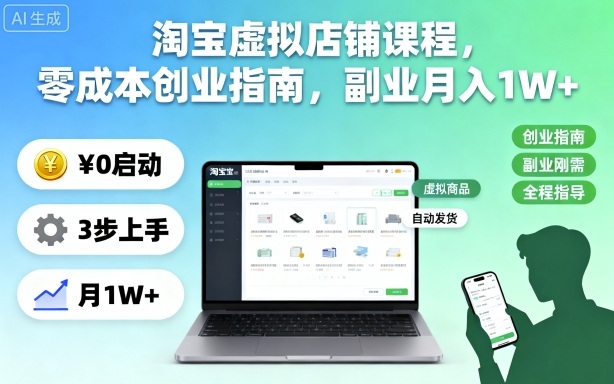 淘宝虚拟店铺课程，零成本创业指南，副业月入1W+-知创网