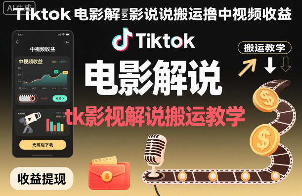 Tiktok电影解说搬运撸中视频收益，tk影视解说搬运教学-知创网