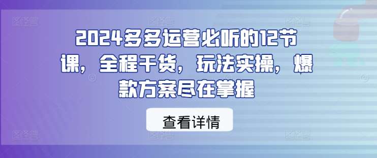 2024多多运营必听的12节课，全程干货，玩法实操，爆款方案尽在掌握-知创网