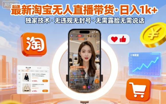 最新淘宝无人直播带货,日入1k+,独家技术,无违规无封号,无需露脸无需说话【揭秘】-知创网