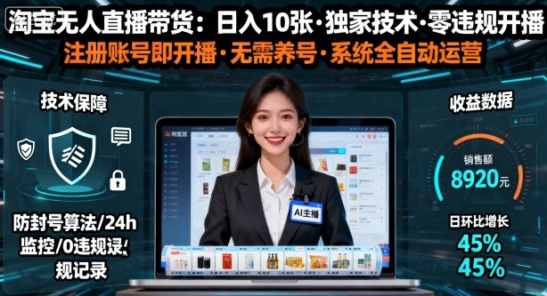 【最新】淘宝无人直播带货，日入10张，独家技术，无违规无封号，注册账号直接开播，不用养号【揭秘】-知创网