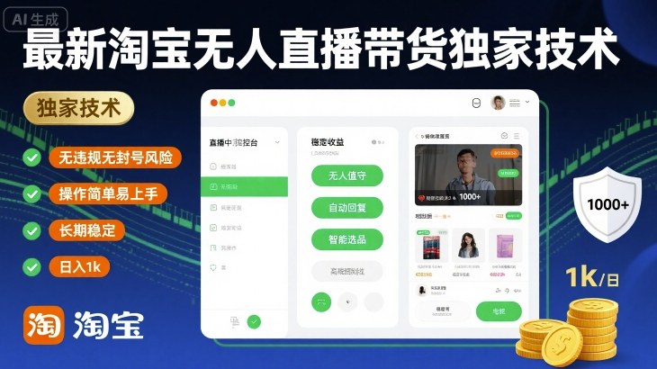 最新淘宝无人直播带货独家技术，无违规无封号风险，操作简单易上手，长期稳定日入1k【揭秘】-知创网