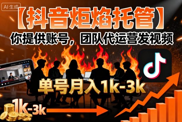 【抖音炬焰托管】你提供账号，团队代运营发视频，单号月入1k+【揭秘】-知创网