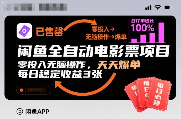 闲鱼全自动电影票项目，零投入无脑操作，天天爆单，每日稳定收益3张【揭秘】-知创网