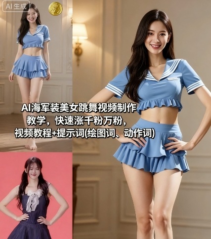 AI海军装美女跳舞视频制作教学,快速涨千粉万粉,视频教程+提示词(绘图词、动作词)-知创网