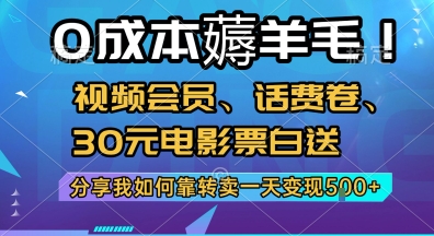 0成本薅羊毛!视频会员、话费卷、30元电影票白送，分享我如何靠转卖一天变现5张+【揭秘】-知创网