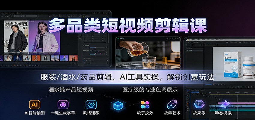 多品类短视频剪辑课:服装/酒水/药品剪辑,AI工具实操,解锁创意玩法-知创网