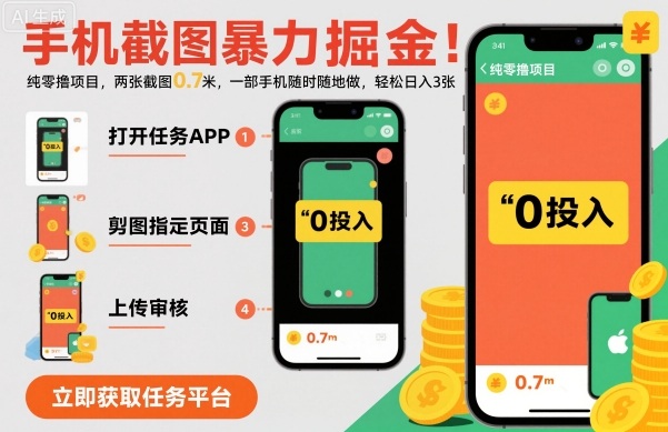 手机截图暴力掘金，两张截图0.7米，一部手机就能做，轻松日入3张【揭秘】-知创网