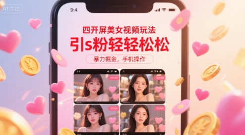 四开屏美女视频玩法，引s粉轻轻松松，暴力掘金，手机操作【揭秘】-知创网
