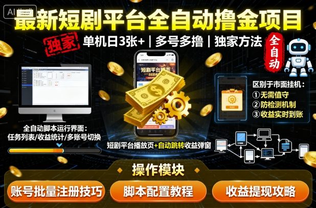 最新短剧平台全自动挂G撸金项目，单机一天3张+，多号多撸，区别于市面所有挂机项目，独家方法【揭秘】-知创网