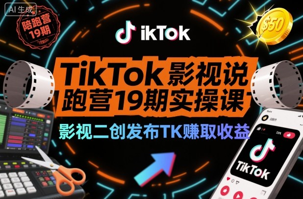 TikTok影视解说陪跑营19期实操课，影视二创发布TK賺取收益，万播收益50美金-知创网
