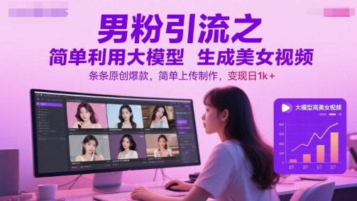 男粉引流之简单利用大模型生成美女视频，条条原创爆款，简单上传制作，变现日1k+-知创网