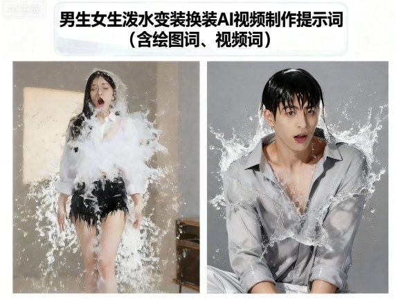 男生女生泼水变装换装AI视频制作提示词(含绘图词、视频词)-知创网