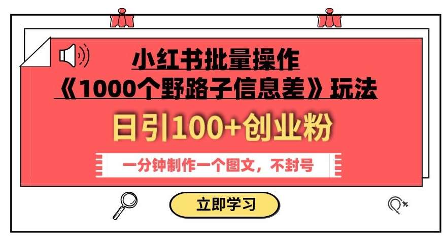 小红书批量操作《1000个野路子信息差》玩法，一分钟制作一个图文，不封号，日引100+创业粉-知创网