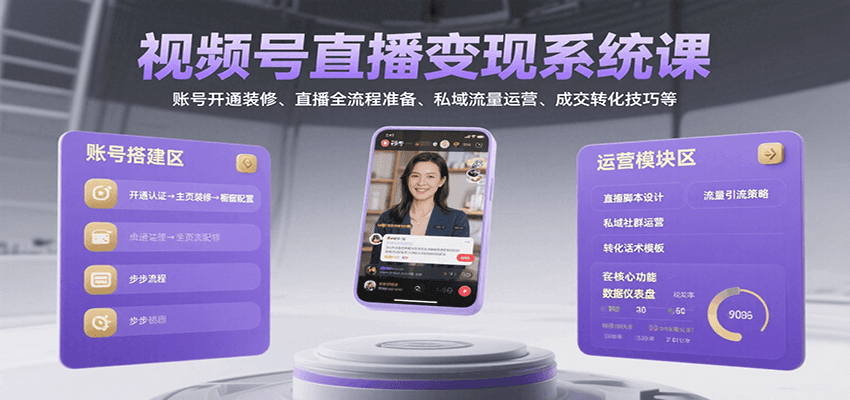 视频号直播变现系统课，账号开通装修、直播全流程准备、私域流量运营、成交转化技巧等-知创网
