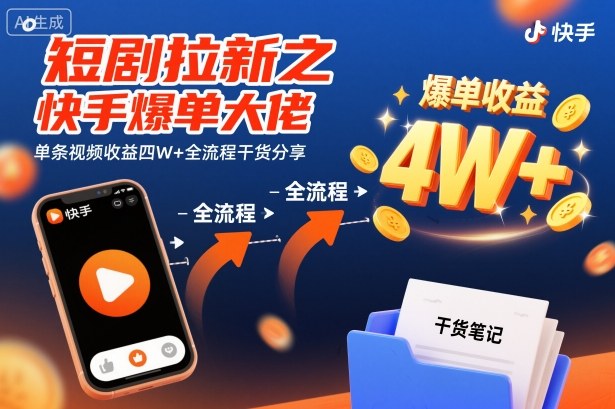 短剧拉新之快手爆单大佬单条视频收益四W+全流程干货分享-知创网