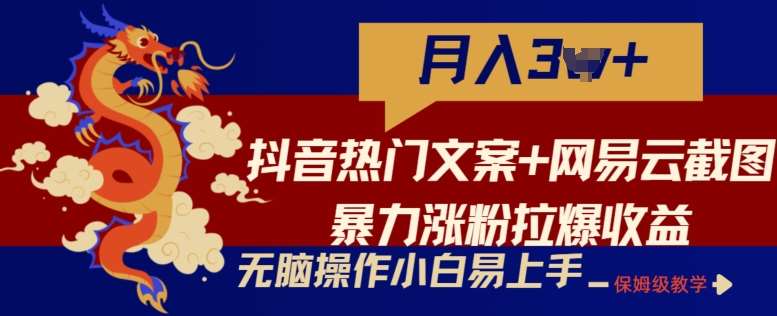 抖音热门文案+网易云截图暴力涨粉拉爆收益玩法，小白无脑操作，简单易上手【揭秘】-知创网