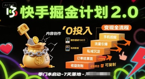 快手掘金计划2.0，快手电商变现全流程，简单可复制，0投入-知创网