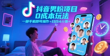 抖音男粉项目0成本玩法,一部手机即可操作,日均4张+,时间自由-知创网