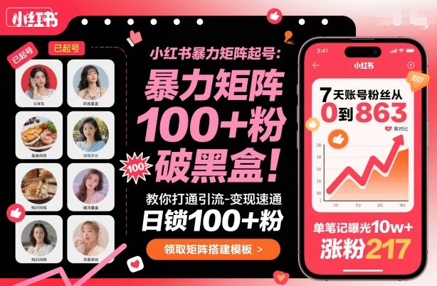 小红书暴力矩阵起号，教你打通引流-变现速通，日锁100+粉，破流量黑盒-知创网