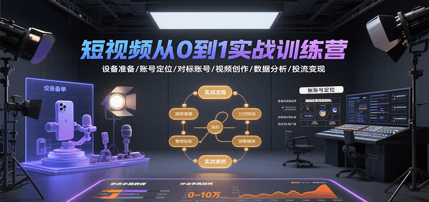 短视频从0到1实战训练营：设备准备/账号定位/对标账号/视频创作/数据分析/投流变现-知创网