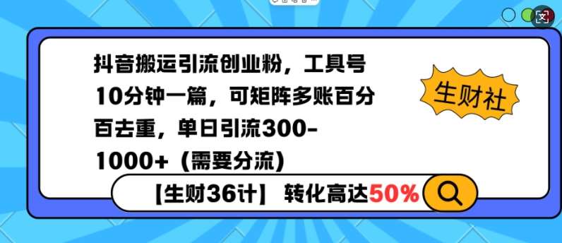 抖音搬运引流创业粉,工具号10分钟一篇,可矩阵多账百分百去重,单日引流300+(需要分流)-知创网