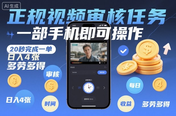 正规视频审核任务，一部手机即可操作，20秒完成一单，日入4张，多劳多得【揭秘】-知创网