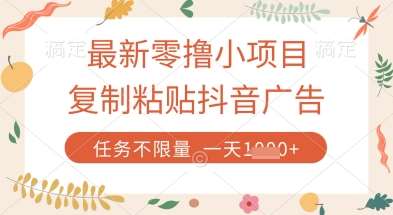 最新零撸小项目,复制粘贴抖音广告即可挣钱,平台大水,任务不限量,一天数张【揭秘】-知创网