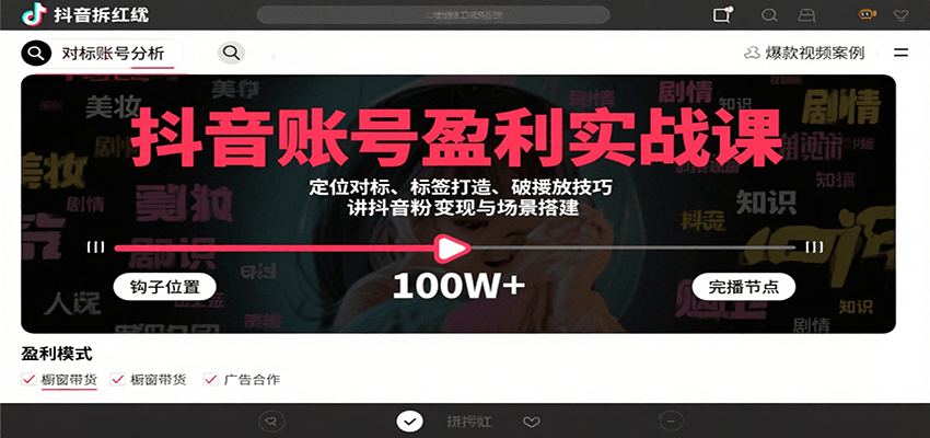 抖音账号盈利实战课，定位对标、标签打造、破播放技巧，讲涨粉变现与场景搭建-知创网