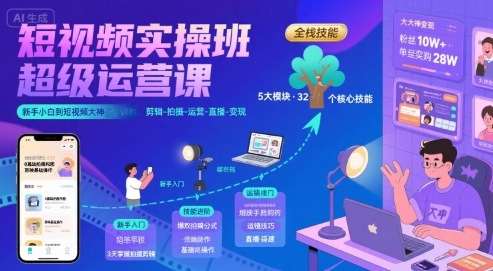 短视频实操班超级运营课，新手小白到短视频大神必修课程，剪辑-拍摄-运营-直播-变现-知创网