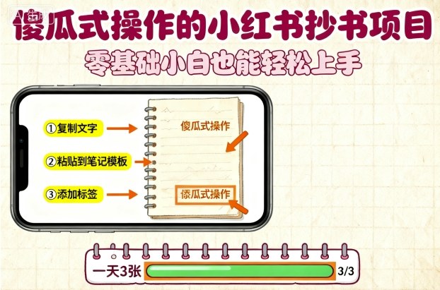 傻瓜式操作的小红书抄书项目，会复制粘贴就行，零基础小白也能一天3张-知创网