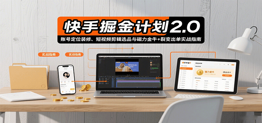 快手掘金计划2.0，账号定位装修、短视频剪辑选品与磁力金牛+裂变出单实战指南-知创网