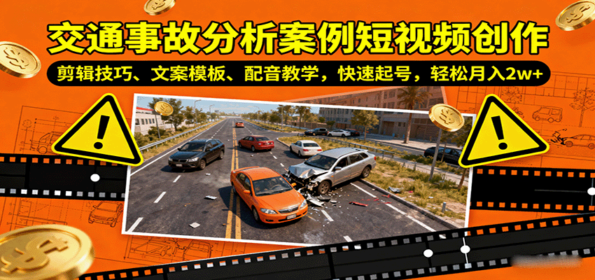 交通事故分析案例短视频创作，剪辑技巧、文案模板、配音教学，快速起号，轻松月入2w+-知创网