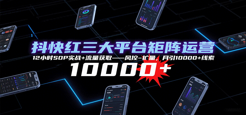 抖快红三大平台矩阵运营，12小时SOP实战+流量获取-风控-扩量，月引10000+线索-知创网